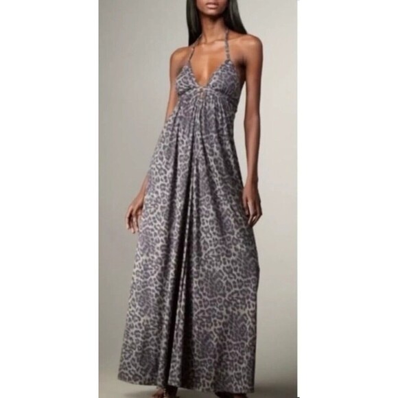 Rebecca Taylor Snow Leopard Halter Maxi Dress Goddess  Boho Animal Print Party M - Picture 1 of 12